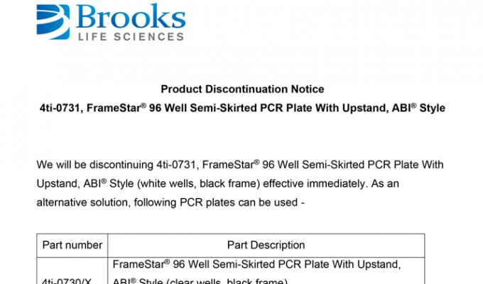 Discontinuation of 4ti-0731 FrameStar® 96 Well Semi-Skirted PCR Plate With Upstand, ABI® Style