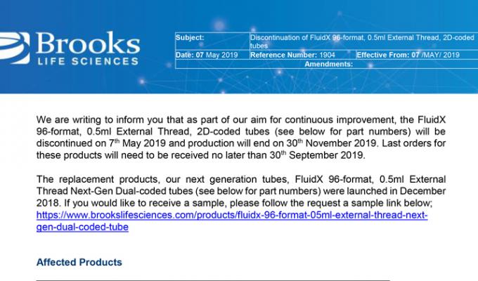 Discontinuation of FluidX 96-Format, 0.5 ml External Thread, 2D-Coded Tubes