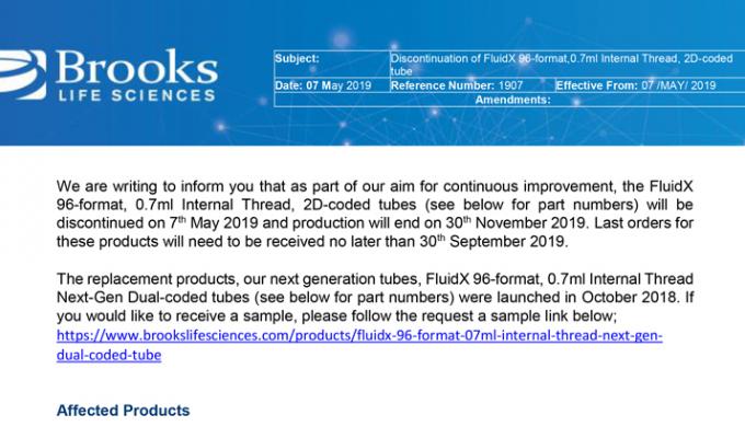 Discontinuation of FluidX 96-Format 0.7 ml Internal Thread, 2D-Coded Tubes
