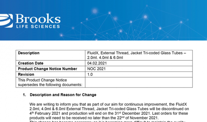 Discontinuation of FluidX, External Thread, Jacket Tri-coded Glass Tubes: 2ml, 4ml & 6ml