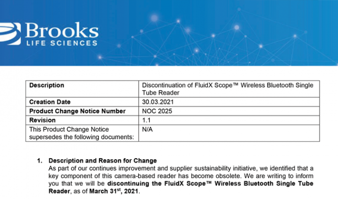 Discontinuation of FluidX Scope™ Wireless Bluetooth Single Tube Reader