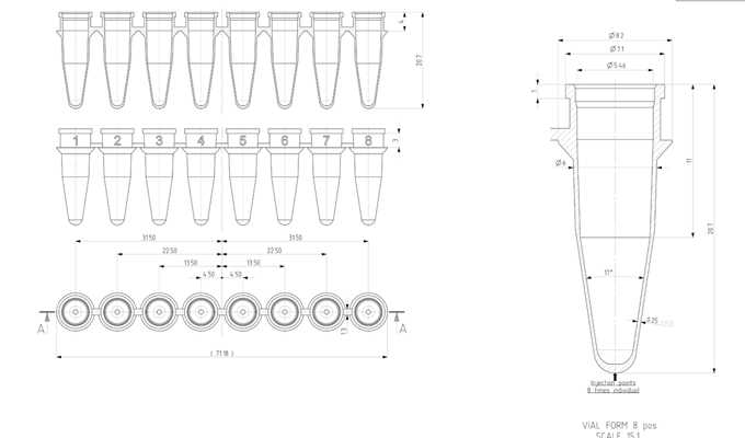 8 Well PCR Tube Strip Technical Drawing