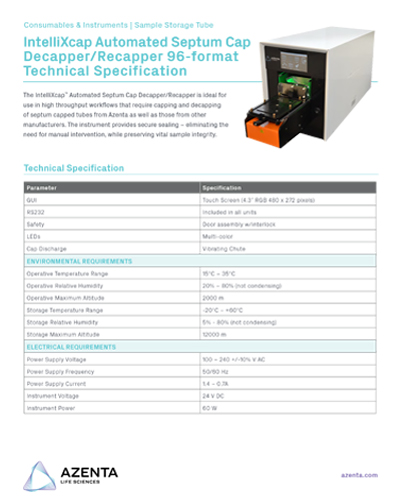 IntelliXcap Automated Septum Cap Decapper/Recapper 96-format Technical Specifications