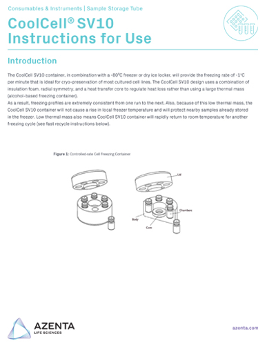 CoolCell SV10 Cell Freezing Containers for 6 x 10ml Injectable Cell Therapy Ampules Instructions for Use
