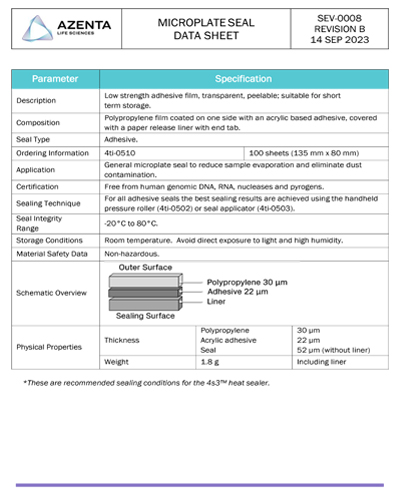 Microplate Seal Low Strength Adhesive Film Data Sheet