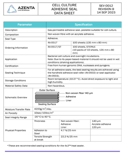 Cell Culture Adhesive Seal Data Sheet