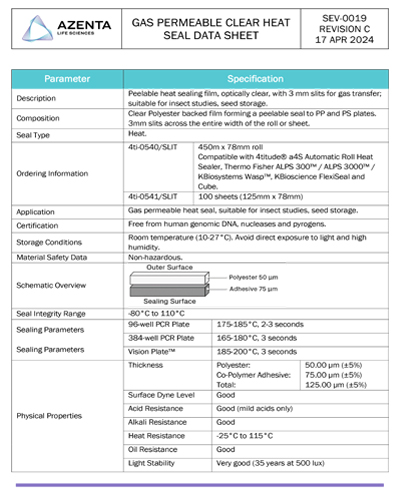 Clear Heat Seal, Peelable Film Data Sheet