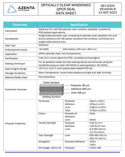 Optically Clear Windowed qPCR Seal Data Sheet