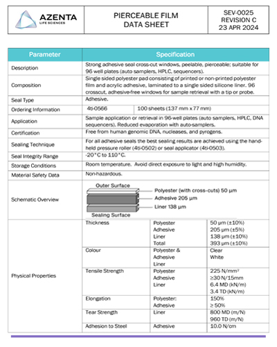 Pierceable Film Strong Adhesive, 96 Cross-Cut Windows Data Sheet