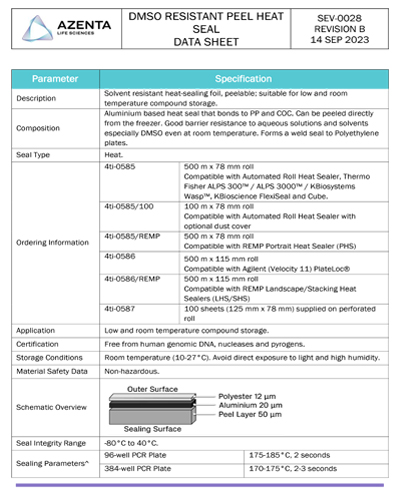 DMSO Resistant Peel Heat Seal Data Sheet