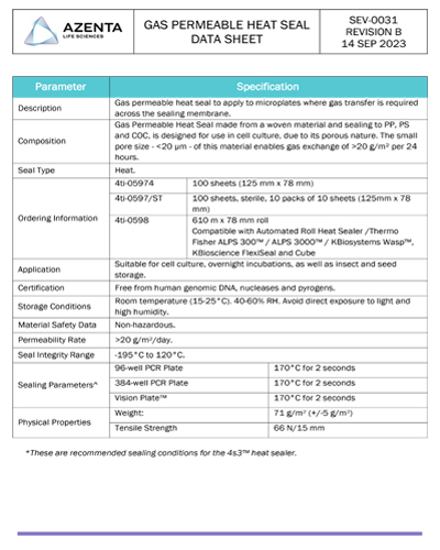 Gas Permeable Heat Seal Data Sheet