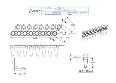 8 Well PCR Tube Strip, Low Profile, With Attached Flat Caps Technical Drawing