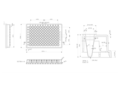 96 Round Well Storage Microplate (200µl, V shaped) Technical Drawing