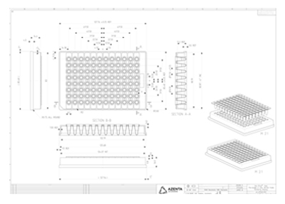 96 Well Skirted PCR Plate for Removable 8 Well Tube Strips Frame & Plate Technical Drawing