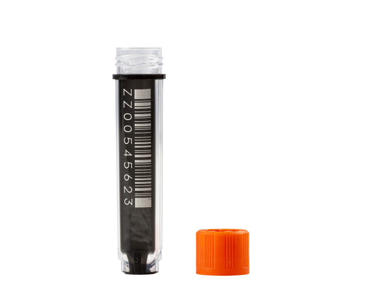 68-0801-00 | 0.8ml Tri-coded Tube, 96-format, External Thread, Uncapped | Barcode & HRN, Cap on the Side