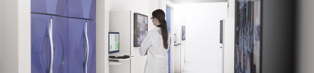 Lab technician inspection action inside a storage system on a computer monitor