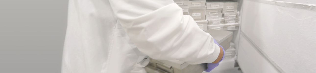 Lab staff placing cryo labware in a cryo freezer