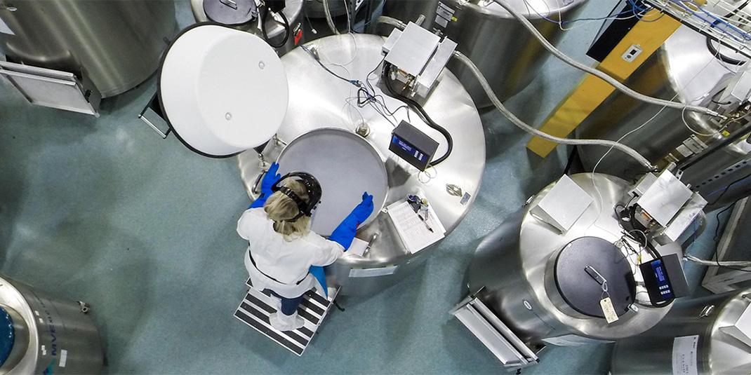 Technician retrieving samples from a liquid nitrogen freezer