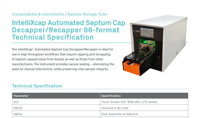 IntelliXcap Automated Septum Cap Decapper/Recapper 96-format Technical Specifications