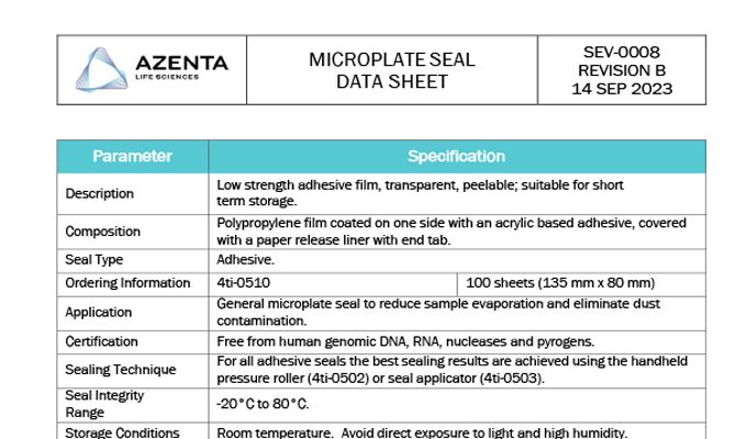 Microplate Seal Low Strength Adhesive Film Data Sheet