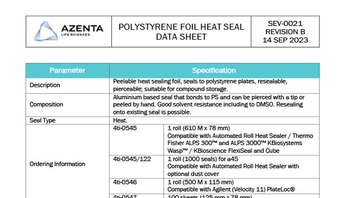 Polystyrene Foil Heat Seal Data Sheet