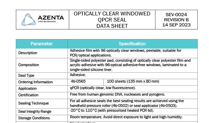 Optically Clear Windowed qPCR Seal Data Sheet