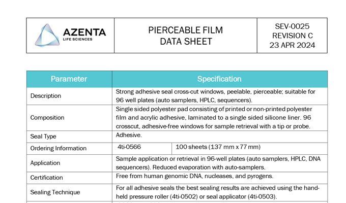 Pierceable Film Strong Adhesive, 96 Cross-Cut Windows Data Sheet