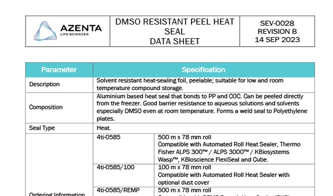 DMSO Resistant Peel Heat Seal Data Sheet