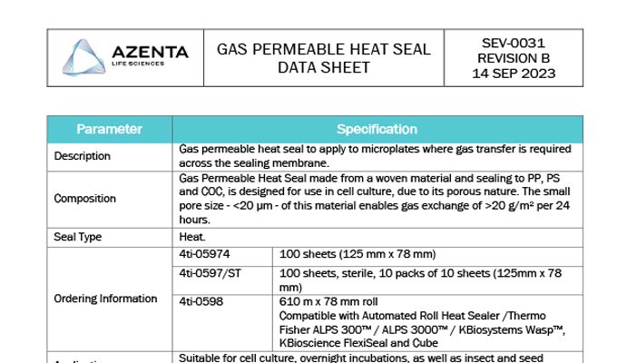 Gas Permeable Heat Seal Data Sheet