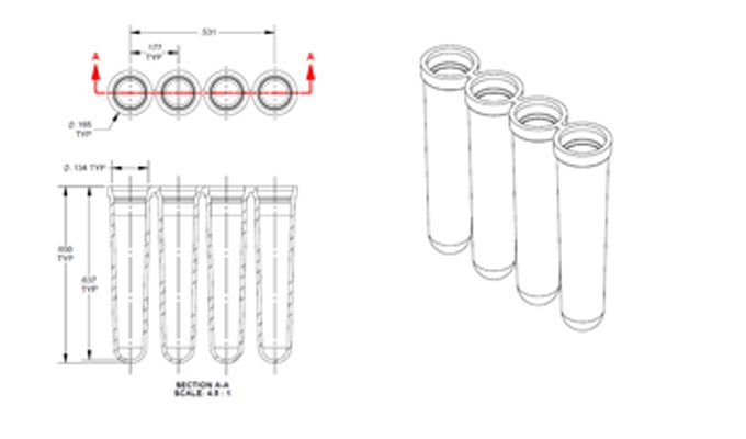 4 Well PCR Tube Strips, Rotor-Gene Style, With Caps Technical Drawing