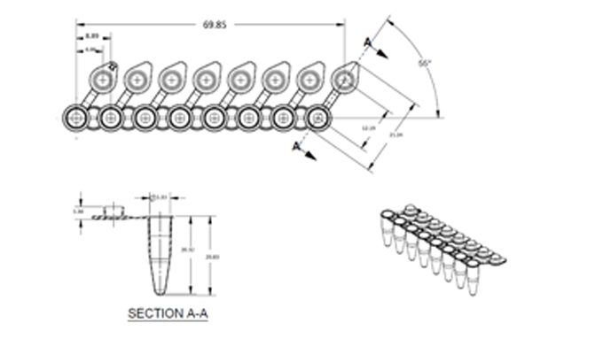 8 Well PCR Tube Strip, With Attached Flat Caps Technical Drawing