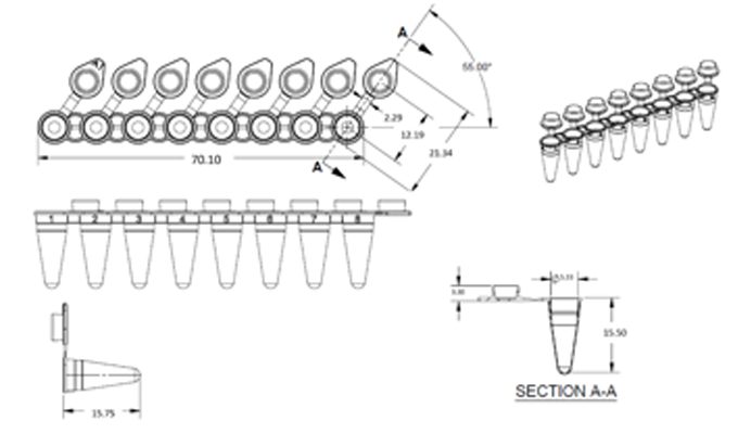 8 Well PCR Tube Strip, Low Profile, With Attached Flat Caps Technical Drawing