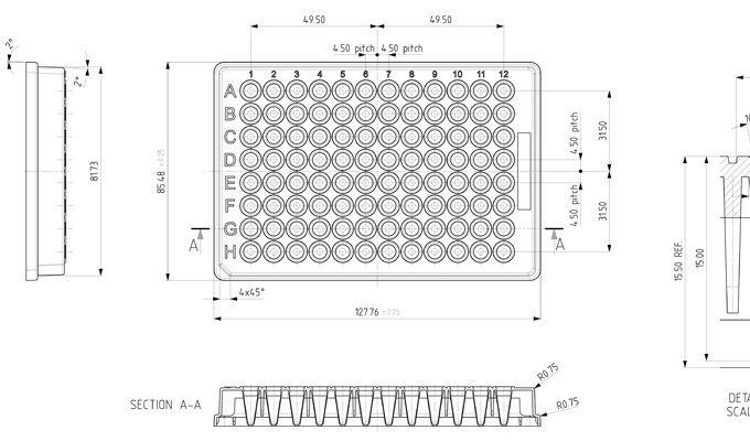 96 Round Well Storage Microplate (200µl, V shaped) Technical Drawing