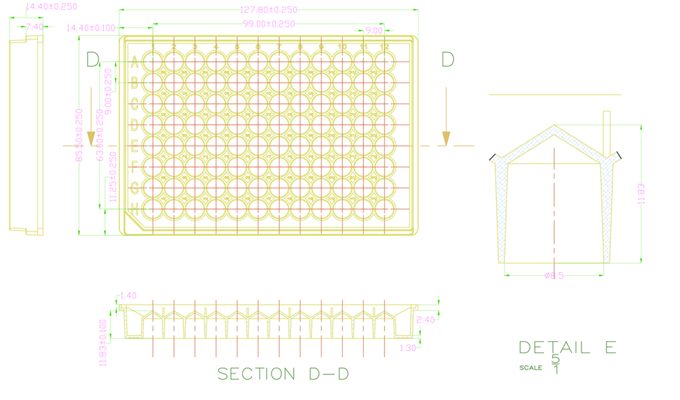 96 Round Well Storage Microplate (330µl, V shaped) Technical Drawing