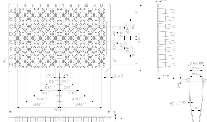 96 Well Non-Skirted PCR Plate Technical Drawing