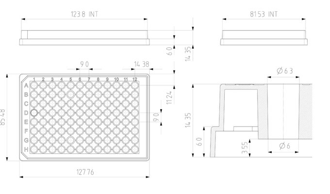 96 Well Optically Clear Tissue Culture Plate Technical Drawing