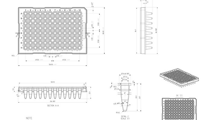 96 Well Semi-Skirted PCR Plate With Upstand, ABI Style Technical Drawing