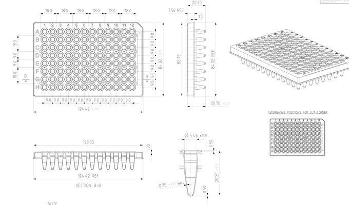 96 Well Semi-Skirted PCR Plate Technical Drawing