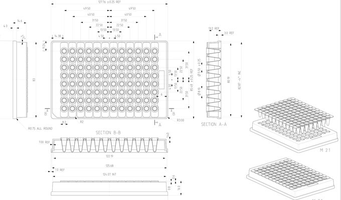 96 Well Skirted PCR Plate for Removable 8 Well Tube Strips Frame & Plate Technical Drawing