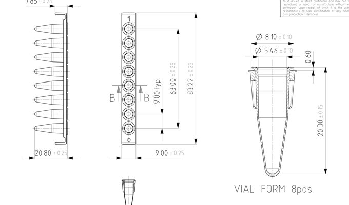 8 Well PCR Tube Strip with PC Frame Technical Drawing