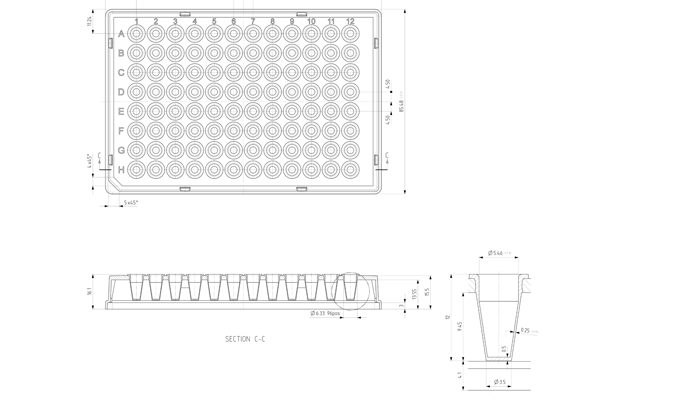 Individual Access 96 Well Skirted Optical Bottom PCR Plate Technical Drawing