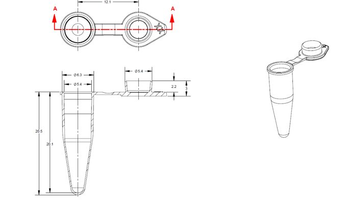 Individual PCR Tubes, With Attached Flat Caps Technical Drawing