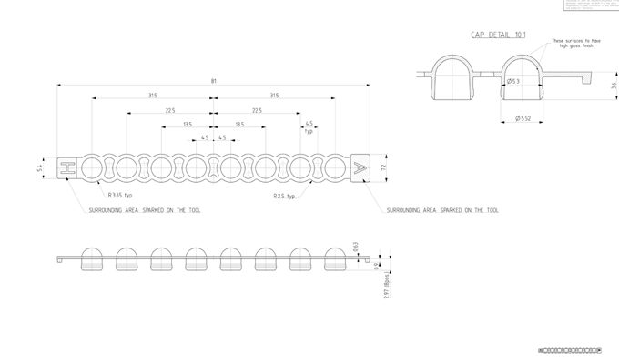 Strips of 8 Domed Sealing Caps Technical Drawing