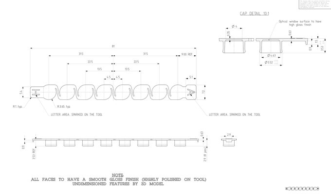 Strips of 8 Flat Optical Caps Crystal Clear Technical Drawing