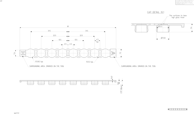 Strips of 8 Flat Sealing Caps Technical Drawing