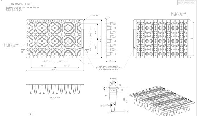 96 Well Non-Skirted PCR Plate Breakable Horizontally or Vertically Technical Drawing