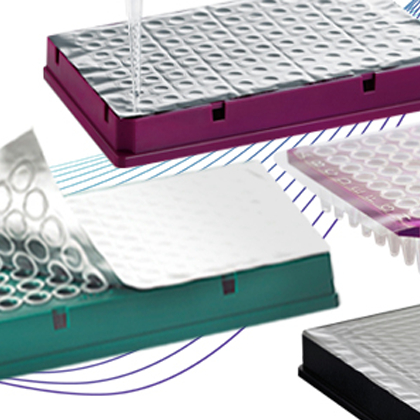 Group of microplates sealed with adhesive seals